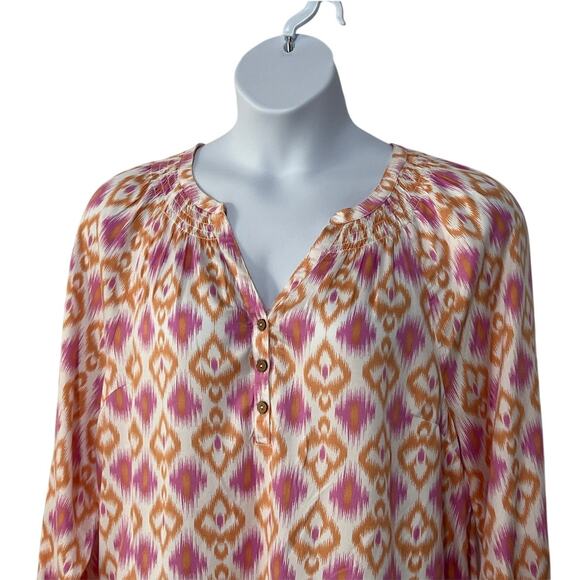 Destination 365 Top Womens Size Large Ikat Print Split-Neck Blouse Pink Blouse - Picture 4 of 10